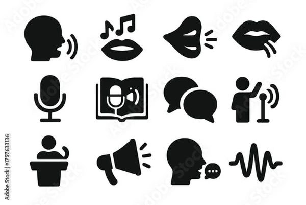 Fototapeta Voice Action Icons. Solid style icons of voice actions: speaking head, singing mouth, shouting voice, whisper lips, narration mic,
