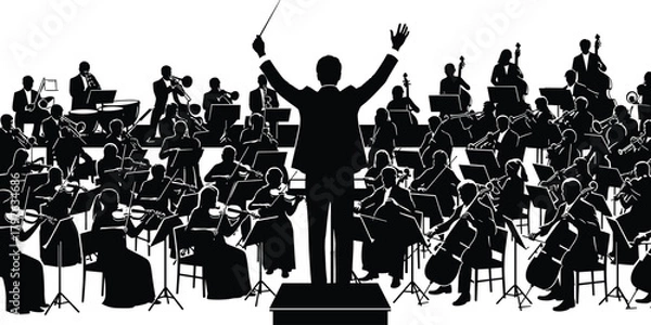 Obraz Silhouette of full orchestra with conductor leading classical music performance, featuring strings, brass, woodwinds, percussion in concert hall