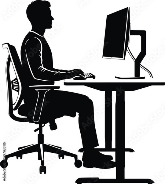 Obraz Silhouette of person working at computer desk in ergonomic office chair, focused on digital tasks in modern workspace setup