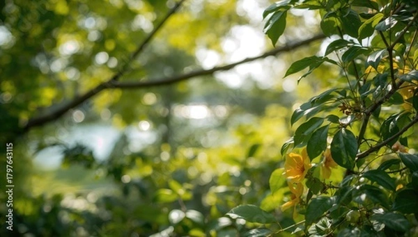 Obraz New treetop and blurred texture backdrop, suitable for editorial header backgrounds