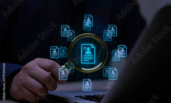 Obraz Businessman uses AI for recruitment and HR technology, analyzing candidate profiles on a virtual hologram for talent acquisition.