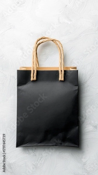 Fototapeta A simple black paper shopping bag with twisted rope handles sits centered on a textured white surface.