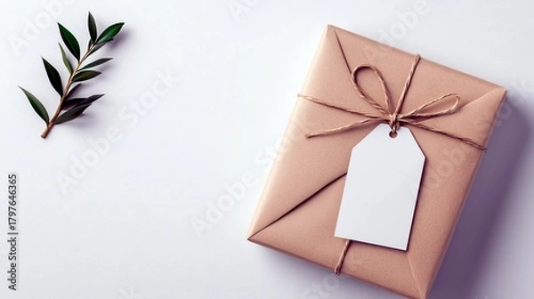Fototapeta A gift-wrapped present with a blank tag sits next to a sprig of green leaves on a white surface.