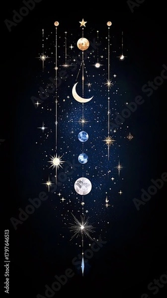 Fototapeta A vertical celestial mobile featuring a crescent moon, full moon, and planets, adorned with sparkling stars and golden strings against a deep blue, star-filled