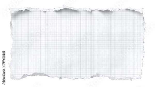 Fototapeta Single piece of blank squared paper with torn edges featuring clean grid design ideal for writing, sketching, planning and study concepts isolated on white background
