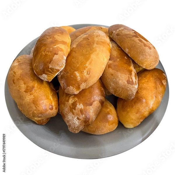 Obraz Pirozhki, pirogki. Homemade boat-shaped yeast buns with a variety of fillings on a transparent background