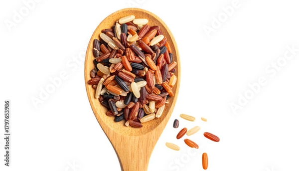 Obraz Wooden Spoon Filled with Rice Berry Grains, Natural Ingredient Display.