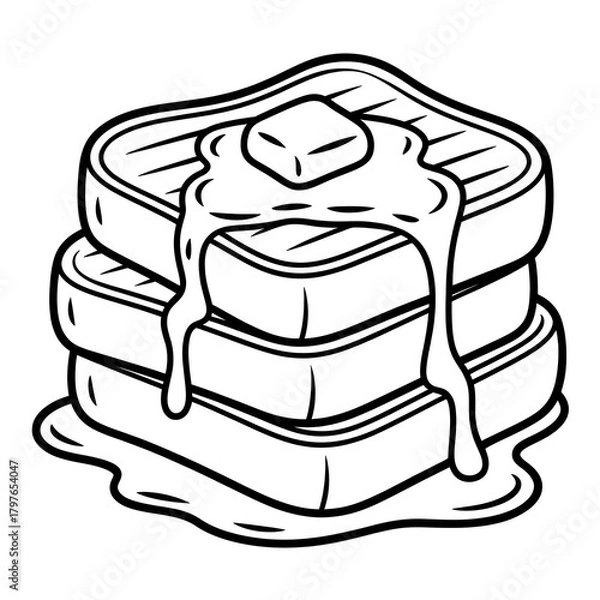 Fototapeta Stack of cartoon pancakes with butter and syrup flowing down in doodle style illustration