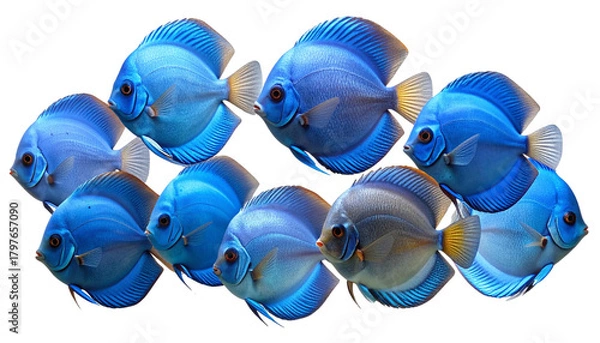 Obraz Group of Uniform Blue Discus Fish Swimming Together, Realistic Aquarium Concept, Isolated on Transparent.