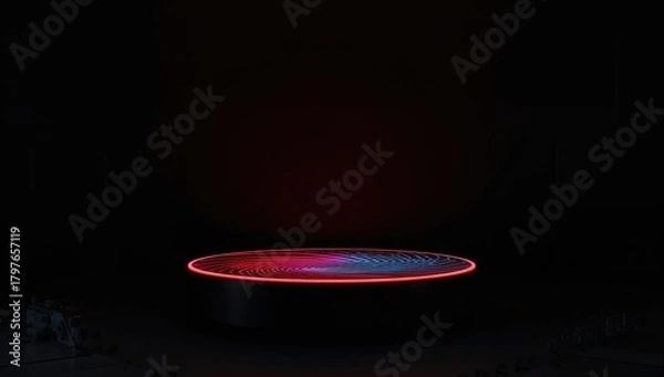 Fototapeta Pedestal adorned with a red and blue neon light design on a black geometric backdrop, suitable for modern visual presentations