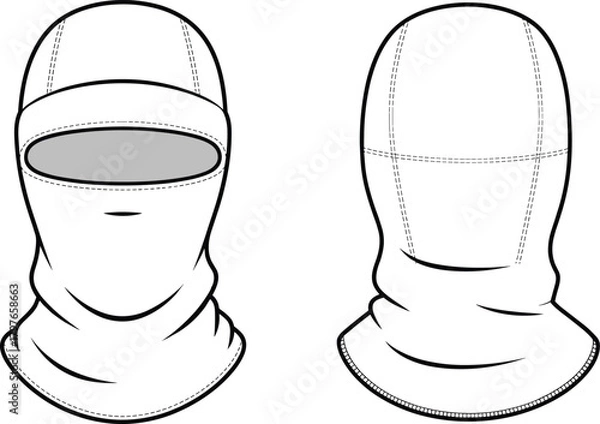 Obraz Technical vector illustration of full-face balaclava mask design showing front and back views, seam details, fabric folds, and professional apparel layout