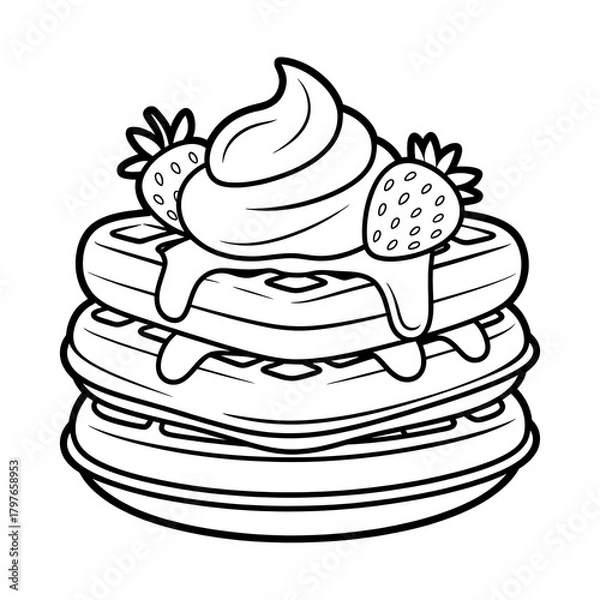Fototapeta Delicious stack of waffles with whipped cream and strawberries isolated on white background vector drawing