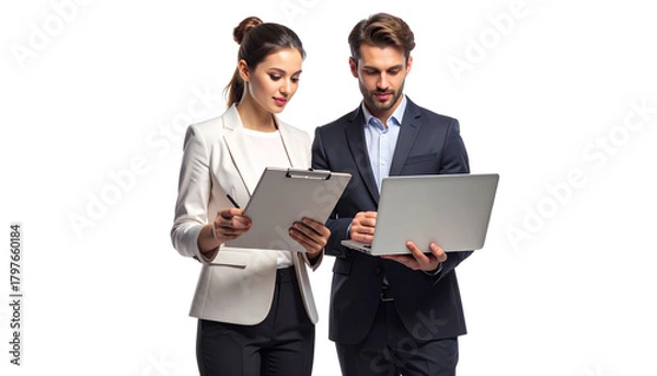 Obraz Two Business Professionals Reviewing Documents on Laptop, Office Collaboration Concept, Isolated on Transparent Background