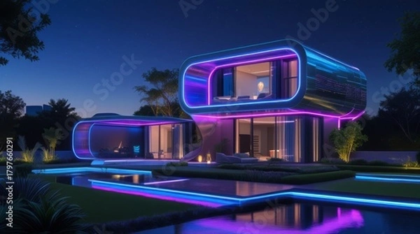Fototapeta A sleek futuristic home glows at night with vibrant digital lighting accents showcasing advanced smart living and modern tech design, featuring a metallic facade with neon blue and purple hue