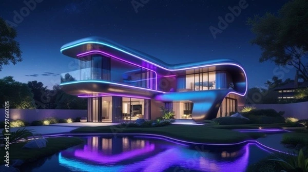 Fototapeta A sleek futuristic home glows at night with vibrant digital lighting accents showcasing advanced smart living and modern tech design, featuring a metallic facade with neon blue and purple hue