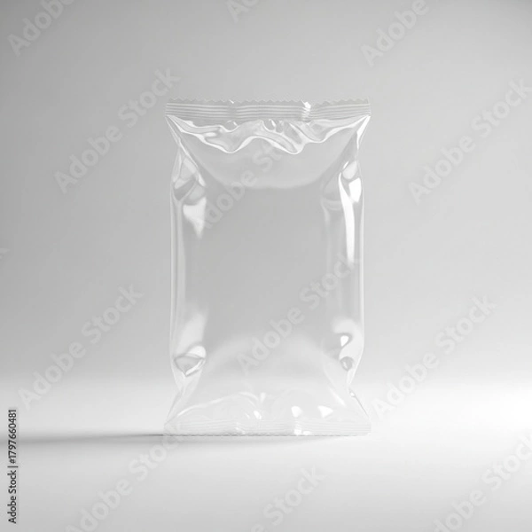 Obraz Empty Clear Transparent Plastic Packaging Pouch Mockup on Grey Background