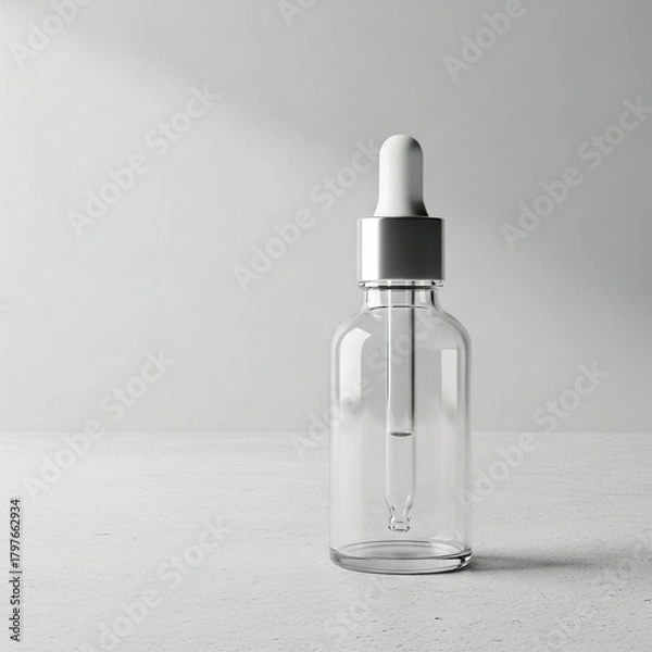 Obraz Elegant Empty Glass Dropper Bottle with Silver Cap in Studio Setting