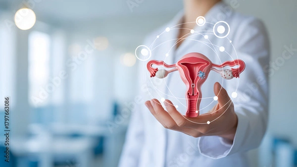 Fototapeta Advanced reproductive technology shown with modern uterus model in doctor's hand, highlighting innovation in women's healthcare and fertility solutions