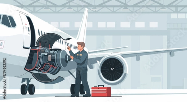 Obraz Aviation Technician Inspecting Aircraft Engine In Hangar