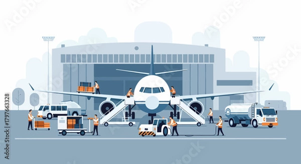 Obraz Busy Airport Scene With Airplane and Ground Crew in Action