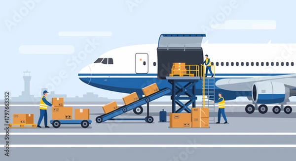 Obraz Cargo Airplane And Workers Loading Boxes Illustration Concept