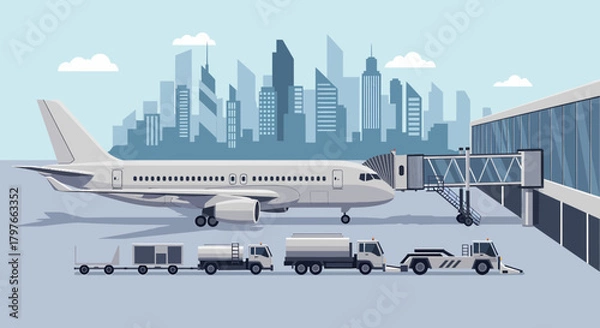 Obraz Commercial Airplane At Terminal Gate With Cityscape In Background