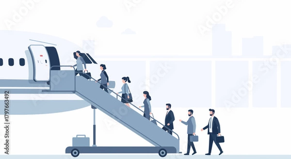 Obraz Corporate Passengers Boarding Airplane Using Mobile Stairs For Business Travel