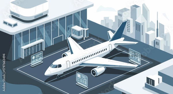 Obraz Futuristic Airport Scene With Airplane And Information Displays