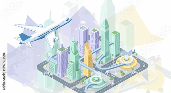 Obraz Isometric Cityscape With Airplane Concept Of Modern Urban Life