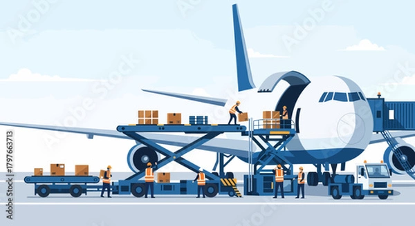 Obraz Loading Cargo Airplane With Boxes At The Airport Illustration
