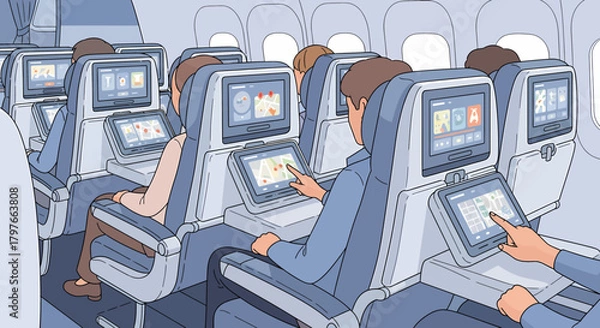 Obraz Passengers Enjoying Inflight Entertainment During An Airplane Flight