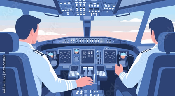 Obraz Pilots Maneuvering Airplane Flight Deck Vector Illustration