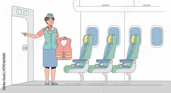 Obraz Safety Demonstration By Flight Attendant Before Flight Departure