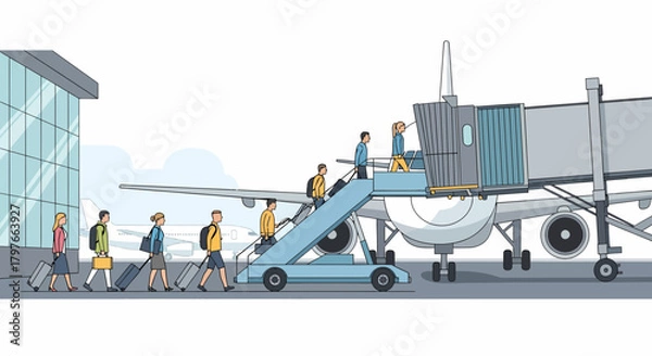 Obraz Travelers Boarding Airplane Through Jet Bridge At Airport Terminal