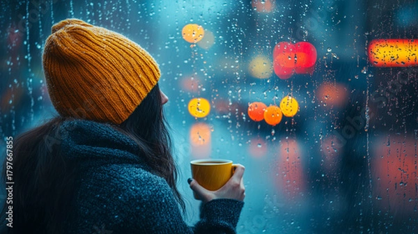 Fototapeta Woman in a yellow beanie enjoys warm drink while watching rain outside a window in a cozy setting ai, rain, woman, yellow, beanie, warm, drink, window, cozy, city, lights, reflection, atmosphere, paus