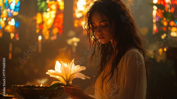 Fototapeta Enchanting moment in a mystical setting with a young woman holding a flower during golden hour ai, young, woman, flower, stained, glass, mystical, candles, warm, light, serene, contemplation, natural,