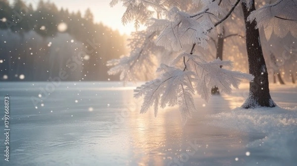 Fototapeta Frost-covered trees with delicate branches and intricate ice crystal patterns line the serene shores of a frozen lake, its surface glistening like polished glass, as soft snowflakes gently drift from 
