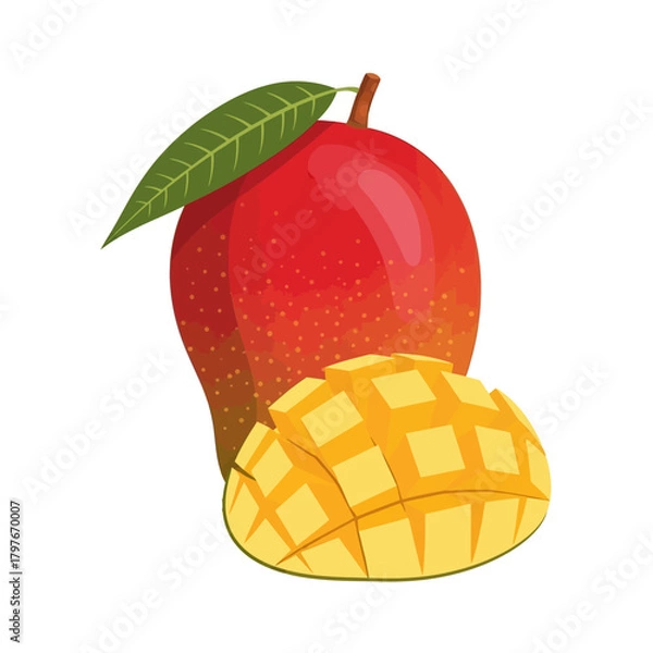 Fototapeta Ripe red mango fruit with green leaf and sliced diced half.