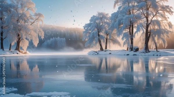 Fototapeta Frozen lake mirrors snow-laden trees with delicate flakes gently drifting down, surrounded by a serene landscape of frosty mornings, as the soft winter light casts a warm glow, inspiring cozy, 