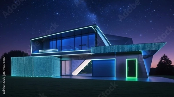 Fototapeta  High tech modern house with sleek metallic surfaces and angular lines glowing under a dark night sky with a canvas of stars, digital accents such as neon strips and LED lights