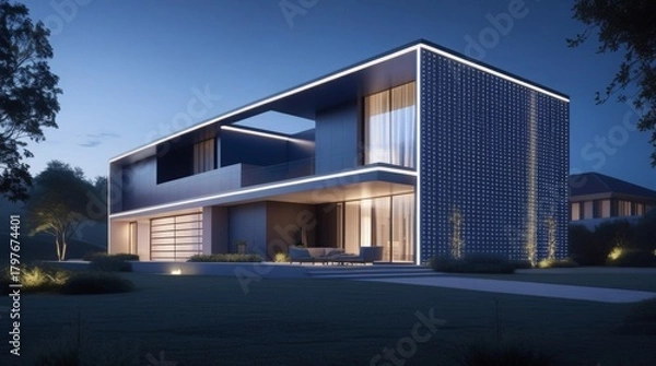 Fototapeta High tech modern house with sleek metallic surfaces and angular lines glowing under a dark night sky with a canvas of stars, digital accents such as neon strips and LED lights symbolizing futuristic s