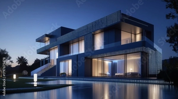 Fototapeta High tech modern house with sleek metallic surfaces and angular lines glowing under a dark night sky with a canvas of stars, digital accents such as neon strips and LED lights symbolizing futuristic s