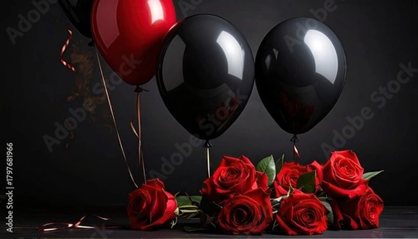 Obraz Elegant Black And Red Balloons With Red Roses And Confetti Celebration Still Life Dark Background Dramatic Lighting