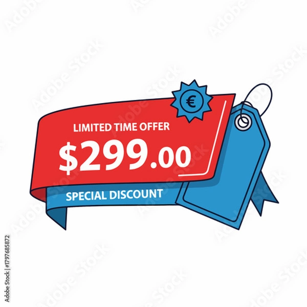 Obraz Sale Red Price 299,00 Dollars Only Offer Badge Sticker Design in Flat Style. Vector illustration