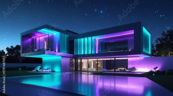 Fototapeta  Ultra modern house shines at night with vivid digital lights of turquoise, purple, and silver hues highlighting futuristic smart living and bold architectural style, featuring large windows,