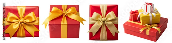 Fototapeta Set of red gift boxes with golden ribbon bow isolated on white or transparent background