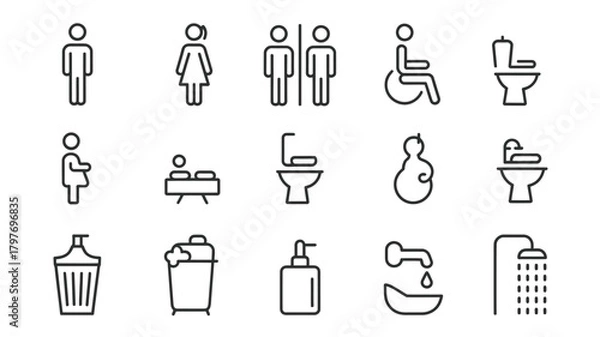 Fototapeta Modern restroom icon set for hotel or hospital designs, offering clear signage and universal symbols in a simple, accessible line art style