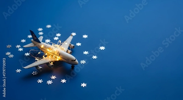 Fototapeta Airplane model with fairy lights surrounded by snowflakes on blue background  