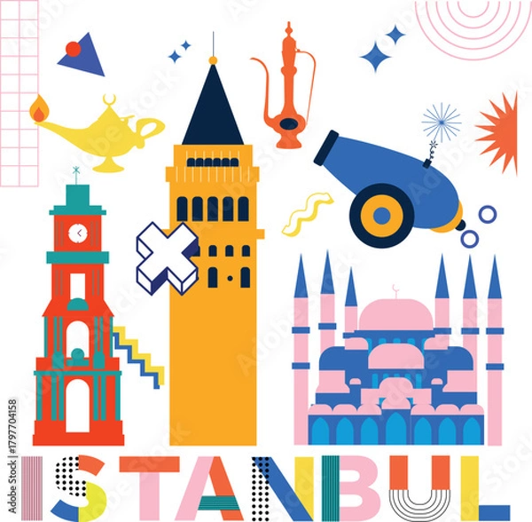 Fototapeta Istanbul culture travel set, famous architectures and specialties in flat design. Business travel and Memphis concept isolated on white background. Image for presentation, banner, website, app, advert