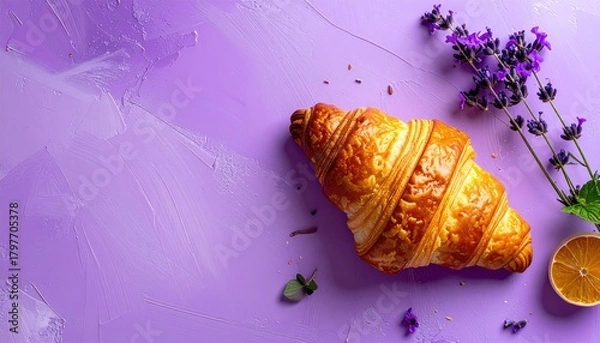Obraz Golden Brown Croissant and Lavender Sprigs on Textured Purple Surface with Orange Slice and Mint Leaves